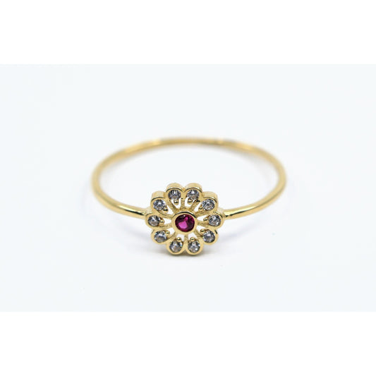 Thin 14K Yellow Gold Flower Ruby & CZ Ring