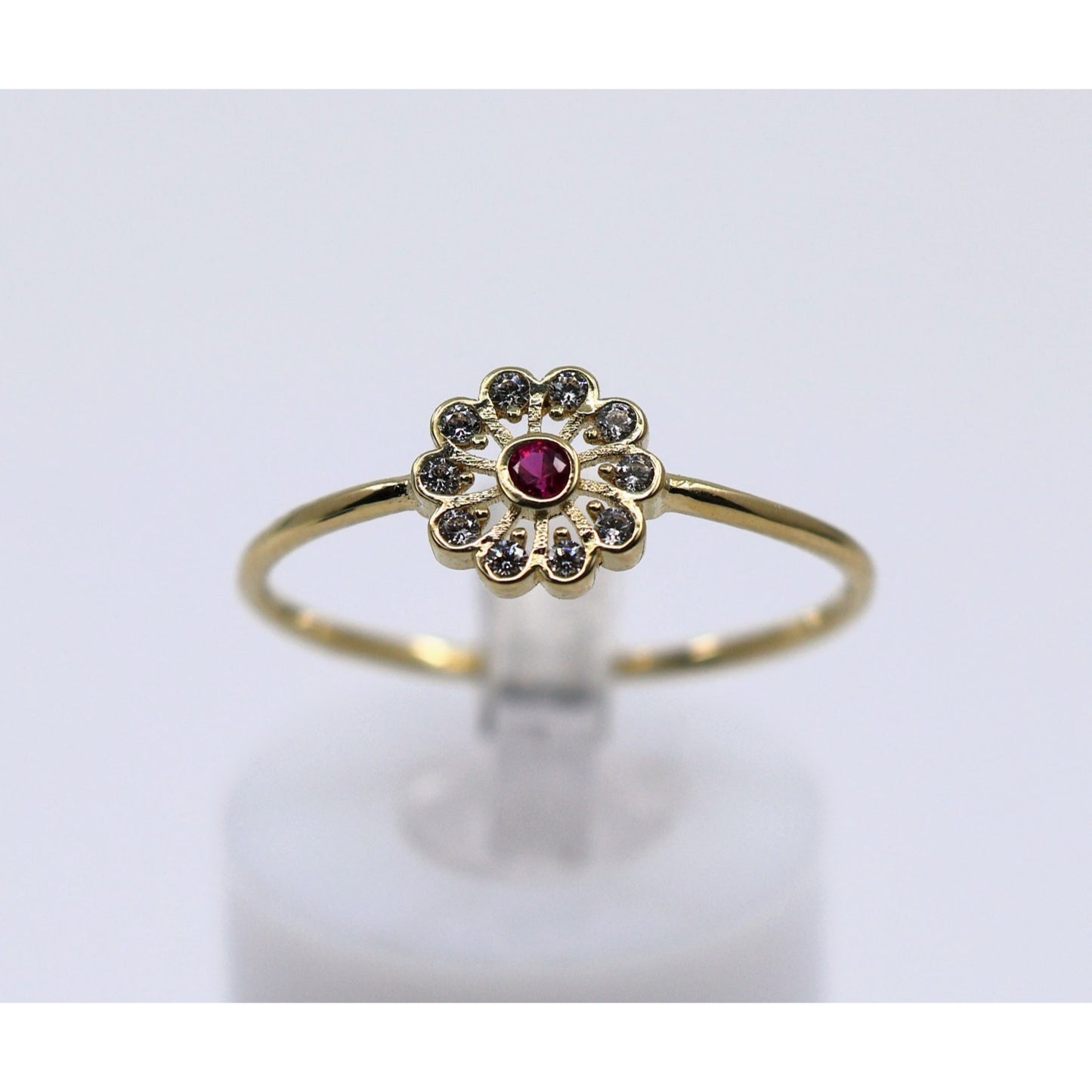 Thin 14K Yellow Gold Flower Ruby & CZ Ring