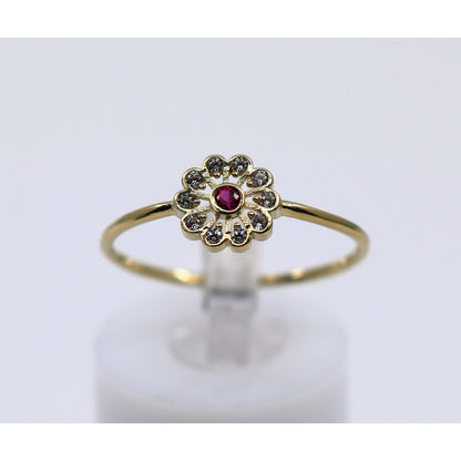 Thin 14K Yellow Gold Flower Ruby & CZ Ring