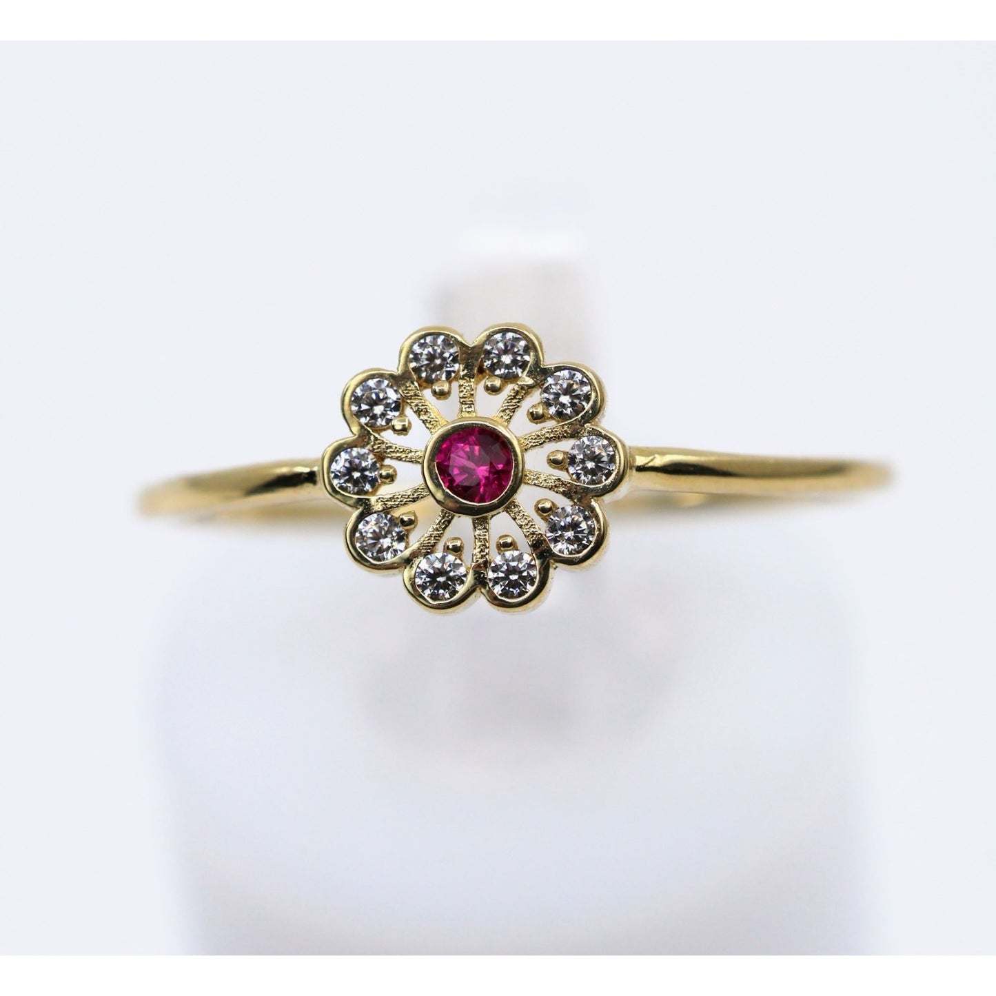 Thin 14K Yellow Gold Flower Ruby & CZ Ring