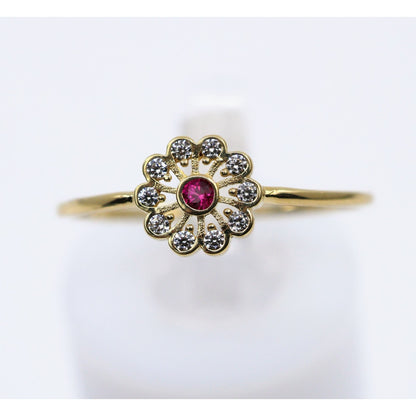 Thin 14K Yellow Gold Flower Ruby & CZ Ring