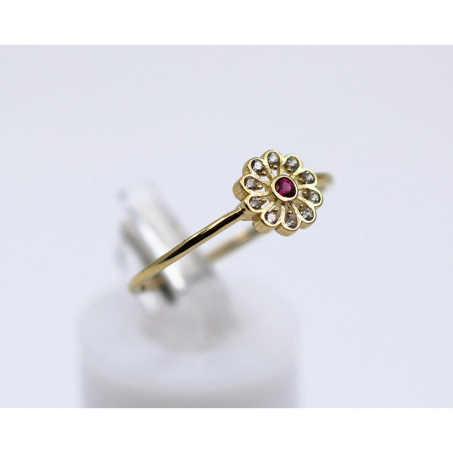 Thin 14K Yellow Gold Flower Ruby & CZ Ring