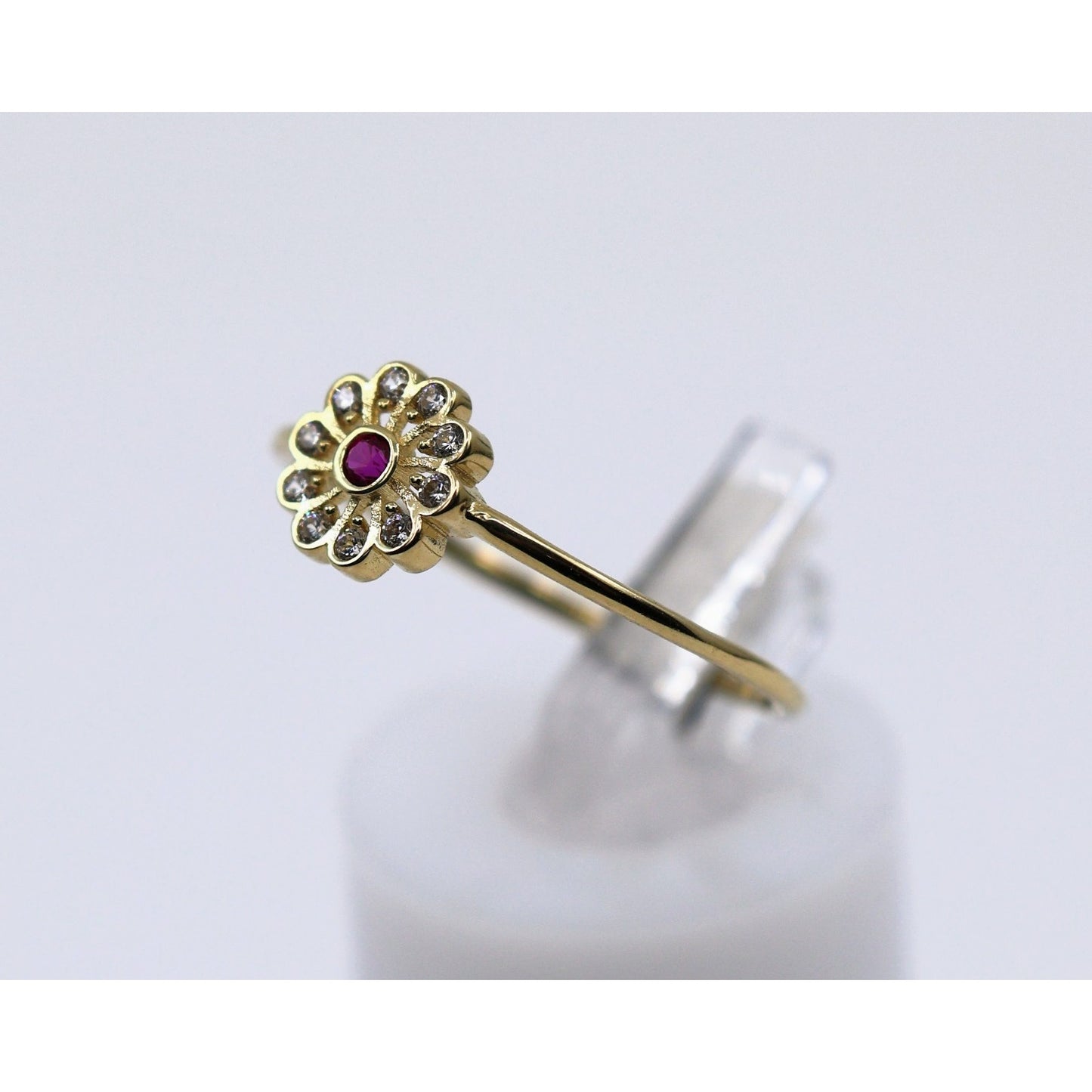 Thin 14K Yellow Gold Flower Ruby & CZ Ring
