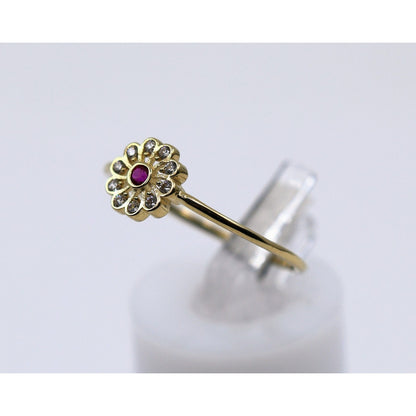 Thin 14K Yellow Gold Flower Ruby & CZ Ring
