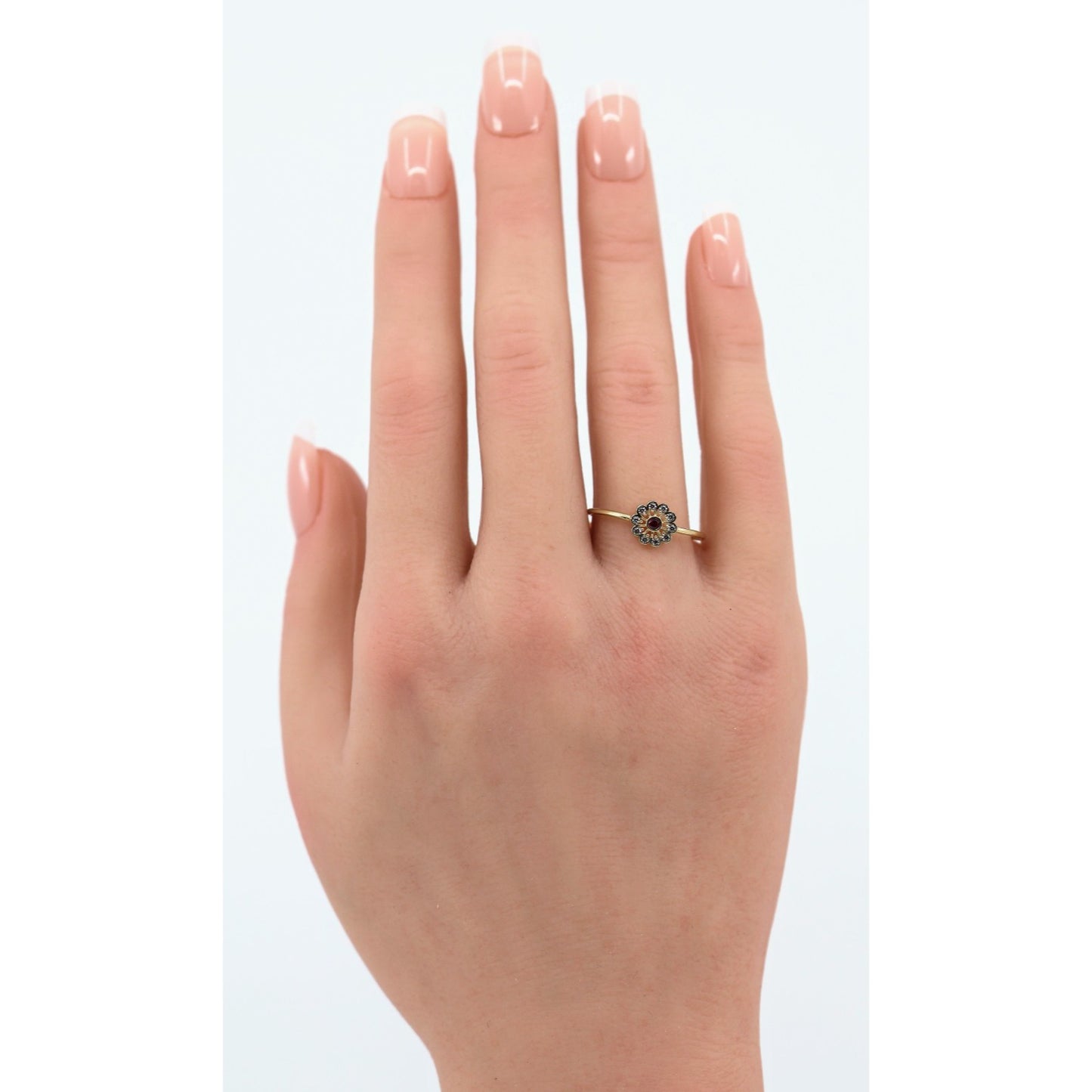 Thin 14K Yellow Gold Flower Ruby & CZ Ring