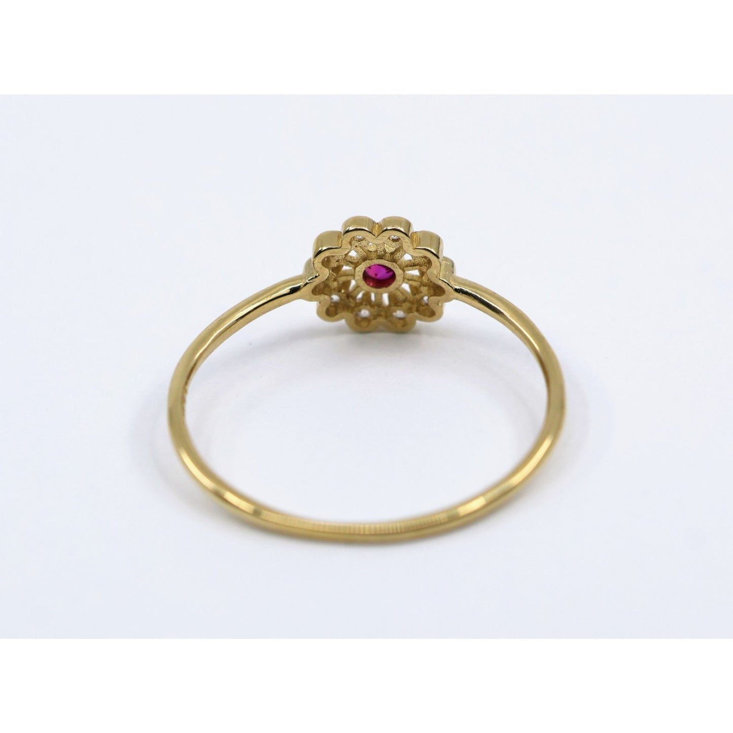 Thin 14K Yellow Gold Flower Ruby & CZ Ring