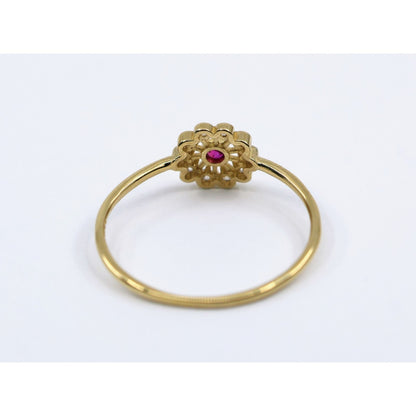 Thin 14K Yellow Gold Flower Ruby & CZ Ring