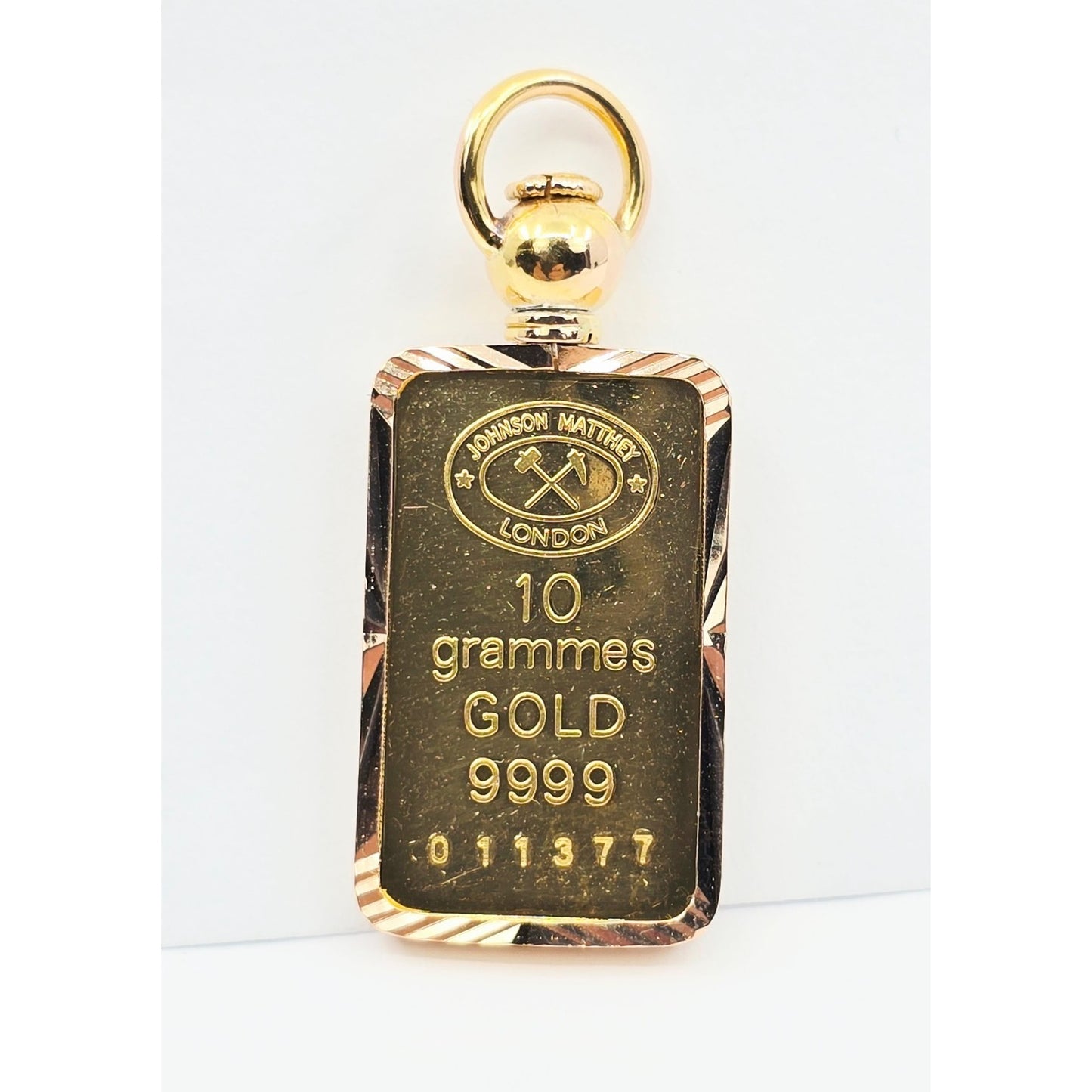 24K 10 Gram Johnson Matthey Gold Bar with 18K Rose Gold Bezel Charm Pendant