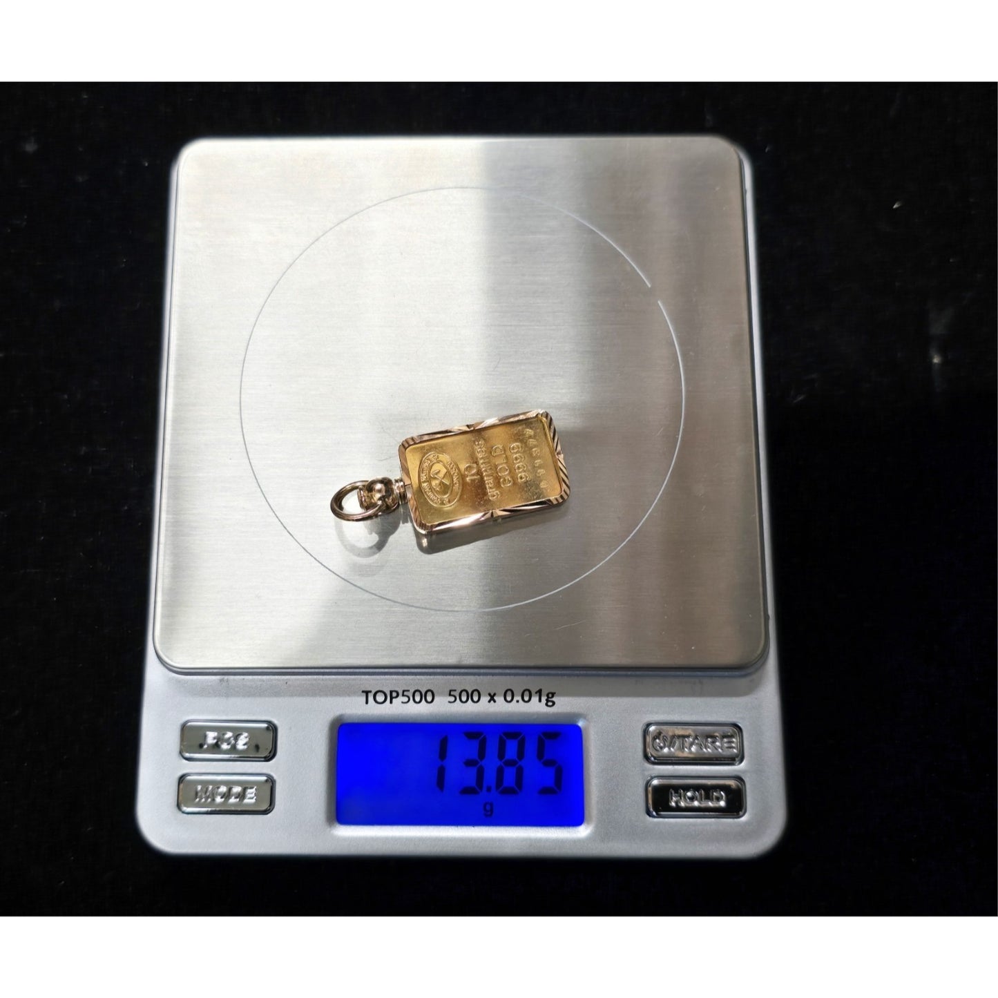 24K 10 Gram Johnson Matthey Gold Bar with 18K Rose Gold Bezel Charm Pendant