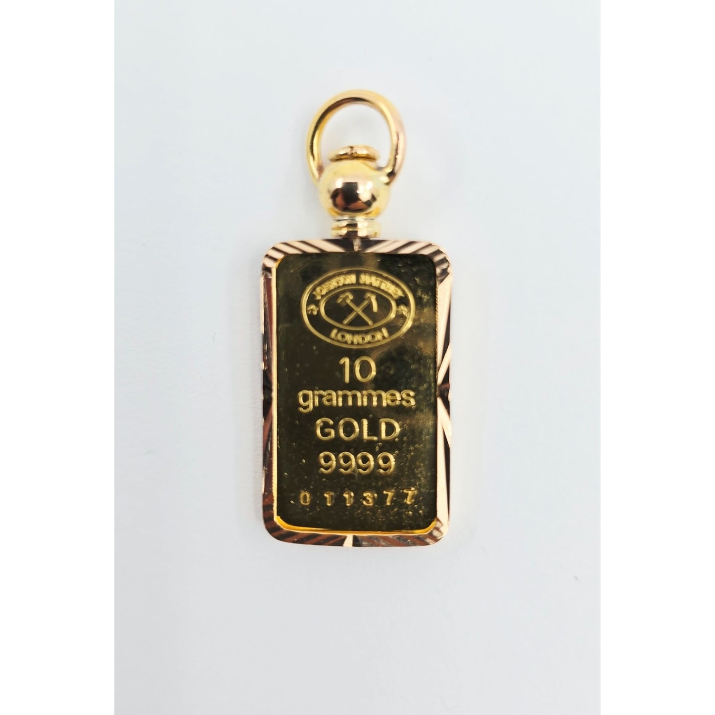 24K 10 Gram Johnson Matthey Gold Bar with 18K Rose Gold Bezel Charm Pendant
