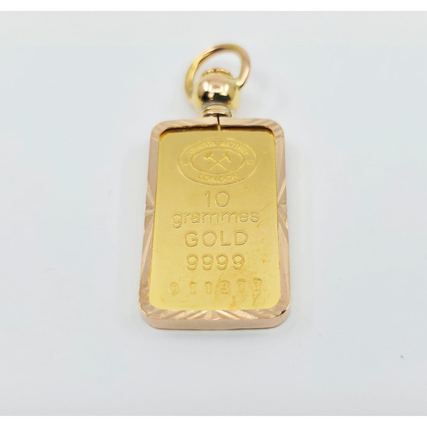 24K 10 Gram Johnson Matthey Gold Bar with 18K Rose Gold Bezel Charm Pendant