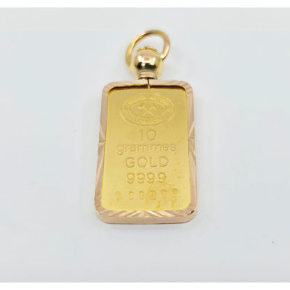 24K 10 Gram Johnson Matthey Gold Bar with 18K Rose Gold Bezel Charm Pendant