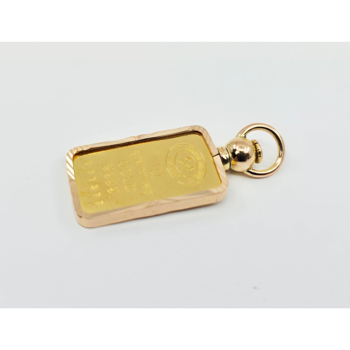 24K 10 Gram Johnson Matthey Gold Bar with 18K Rose Gold Bezel Charm Pendant