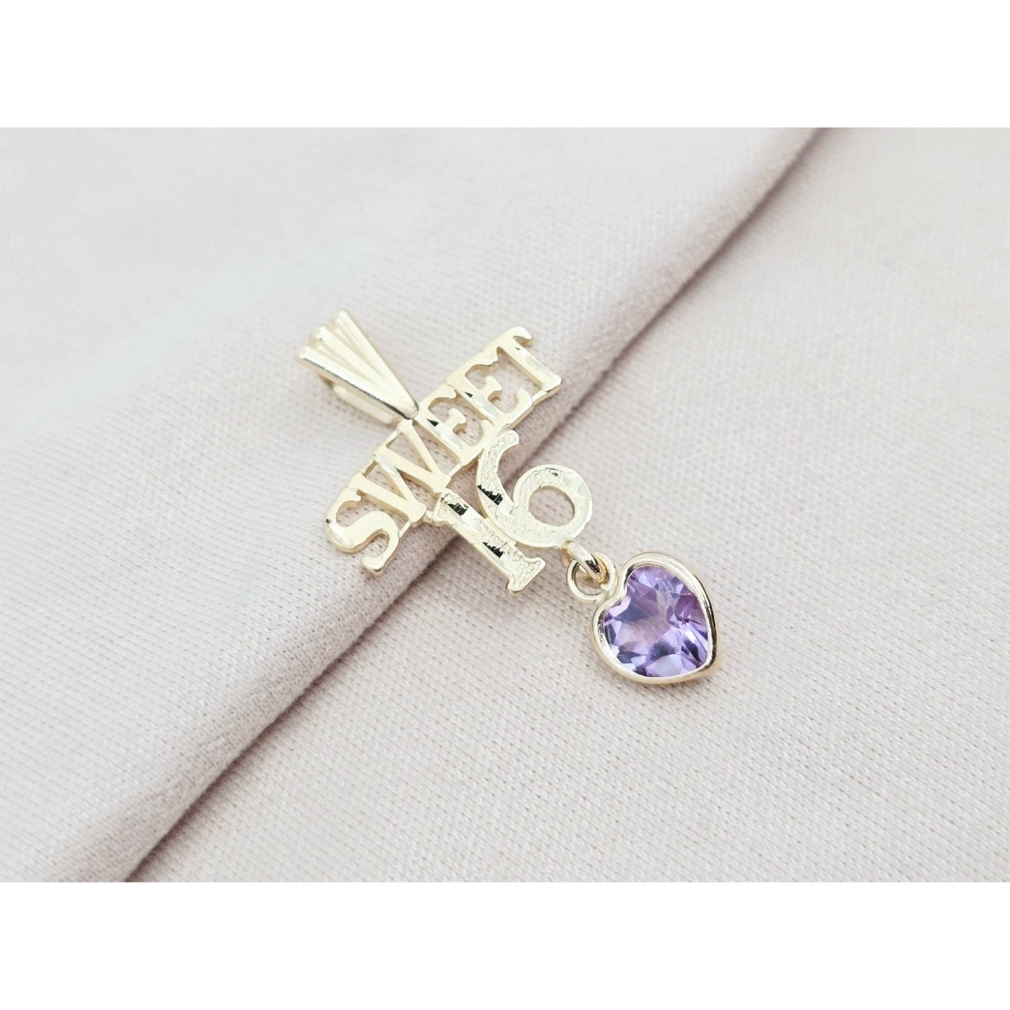 14K Yellow Gold Initial "Sweet 16" Amethyst Charm Pendant