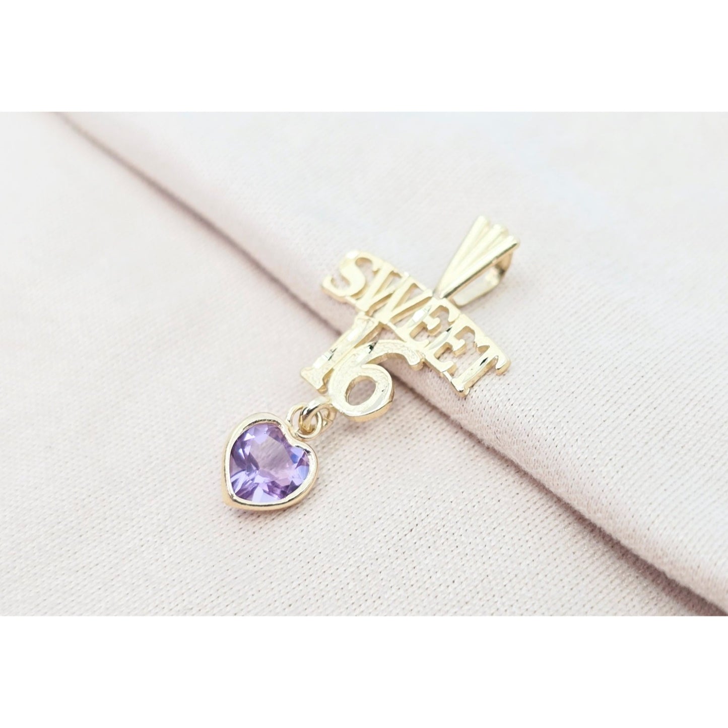 14K Yellow Gold Initial "Sweet 16" Amethyst Charm Pendant