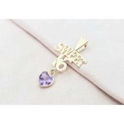14K Yellow Gold Initial "Sweet 16" Amethyst Charm Pendant