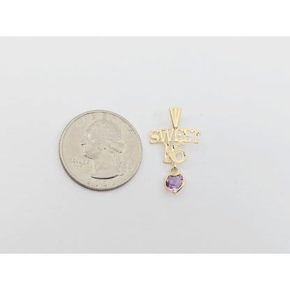 14K Yellow Gold Initial "Sweet 16" Amethyst Charm Pendant