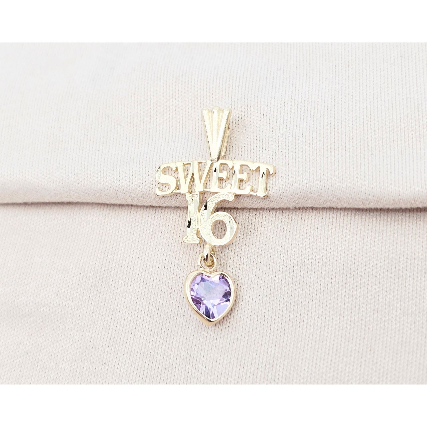 14K Yellow Gold Initial "Sweet 16" Amethyst Charm Pendant