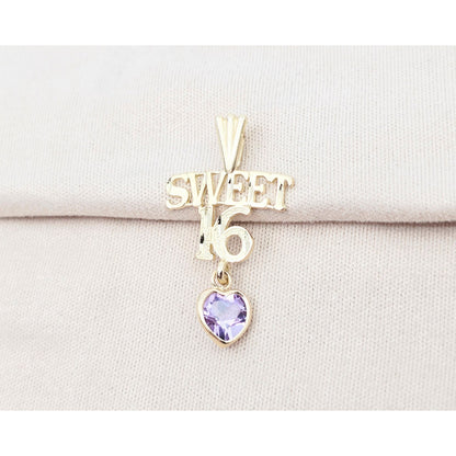 14K Yellow Gold Initial "Sweet 16" Amethyst Charm Pendant