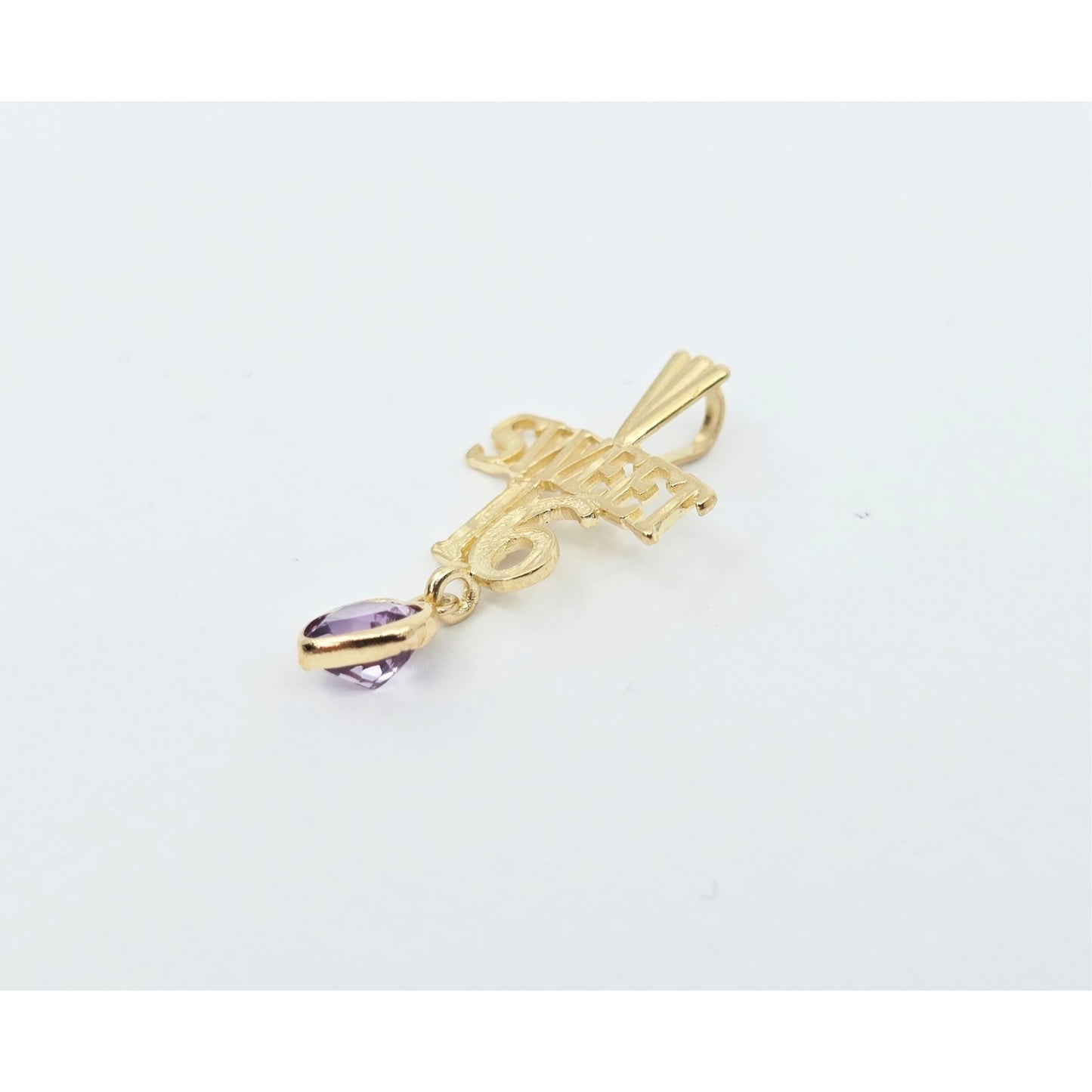 14K Yellow Gold Initial "Sweet 16" Amethyst Charm Pendant