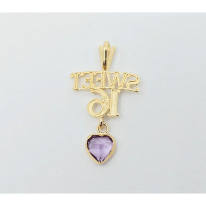 14K Yellow Gold Initial "Sweet 16" Amethyst Charm Pendant