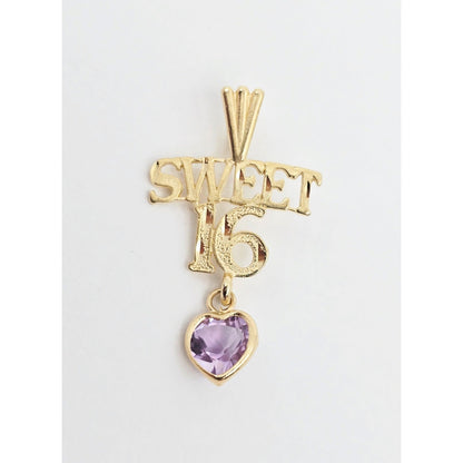 14K Yellow Gold Initial "Sweet 16" Amethyst Charm Pendant