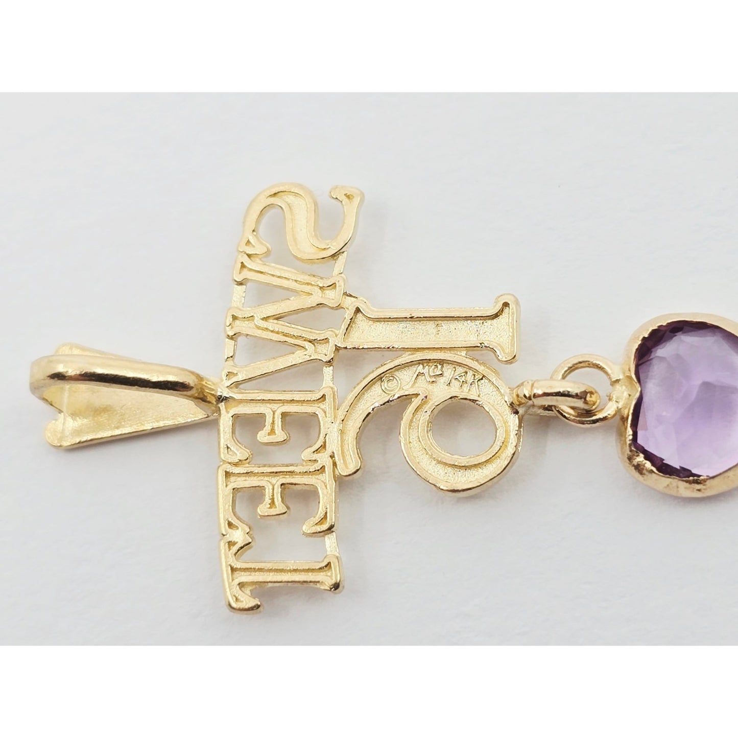 14K Yellow Gold Initial "Sweet 16" Amethyst Charm Pendant