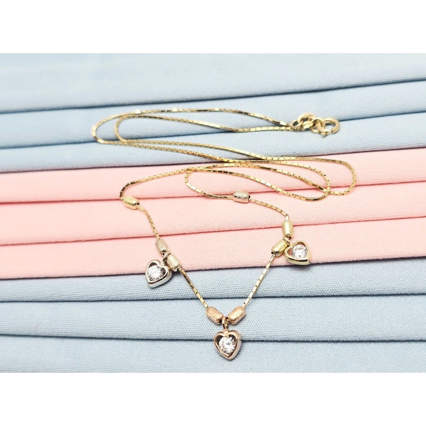14K Tri Color Gold 3 Heart CZ Box Link Chain Necklace