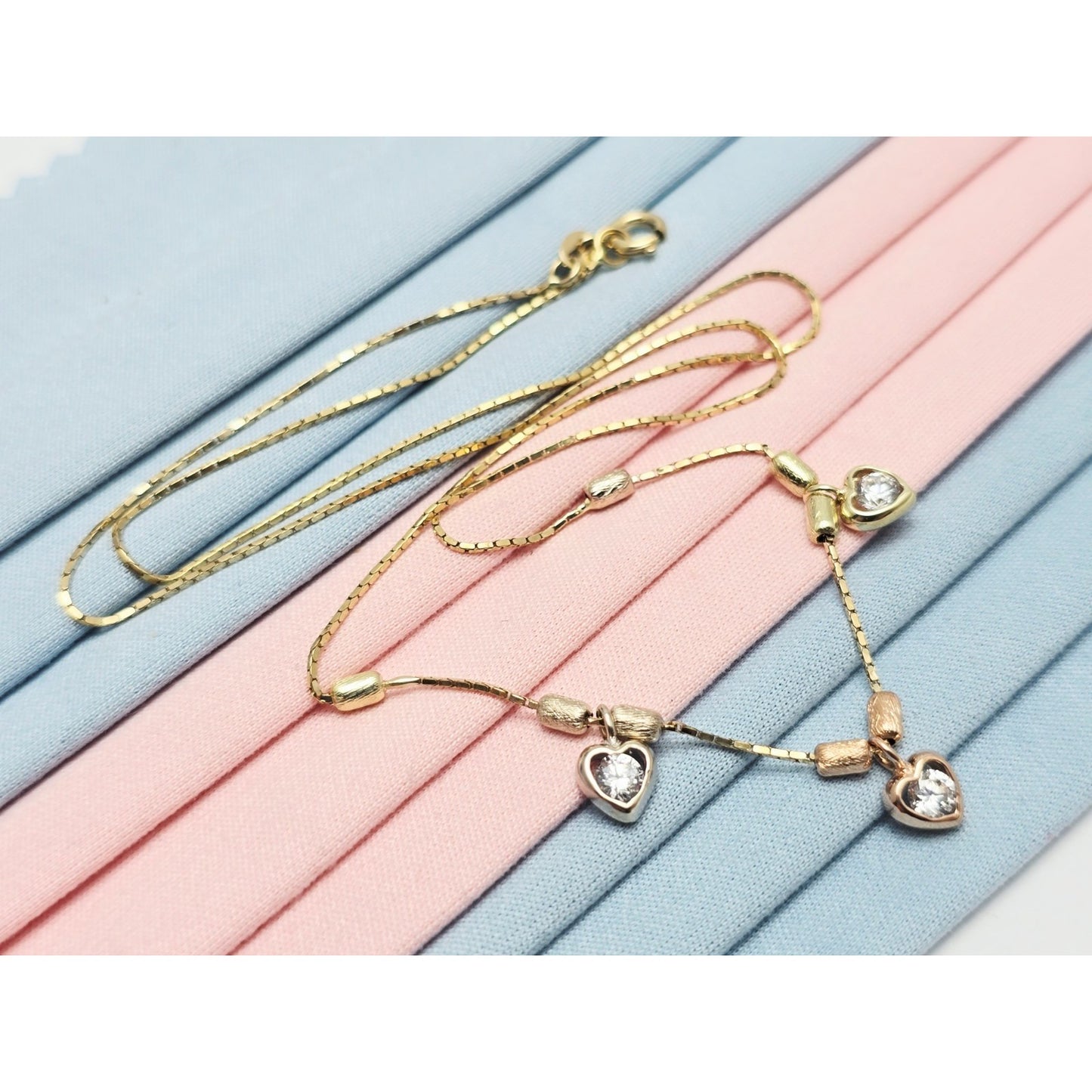 14K Tri Color Gold 3 Heart CZ Box Link Chain Necklace