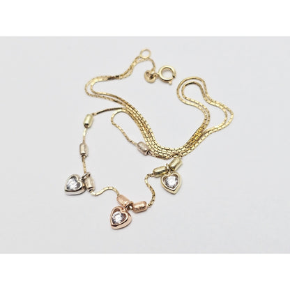 14K Tri Color Gold 3 Heart CZ Box Link Chain Necklace