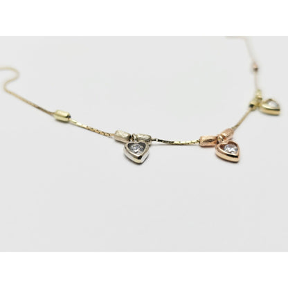 14K Tri Color Gold 3 Heart CZ Box Link Chain Necklace