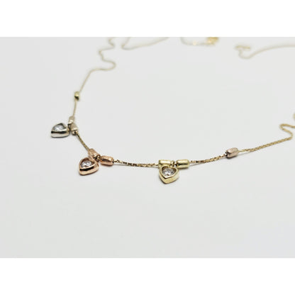 14K Tri Color Gold 3 Heart CZ Box Link Chain Necklace