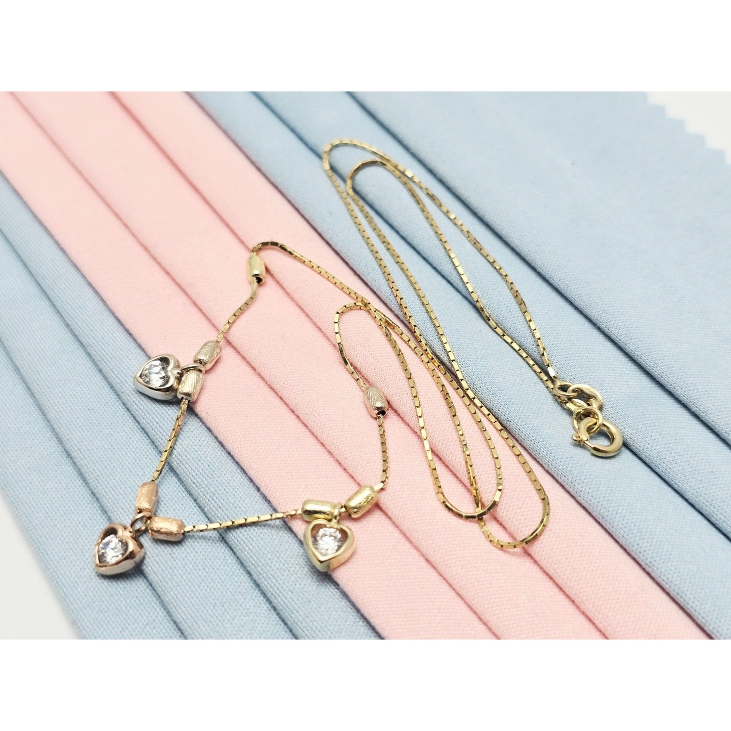 14K Tri Color Gold 3 Heart CZ Box Link Chain Necklace