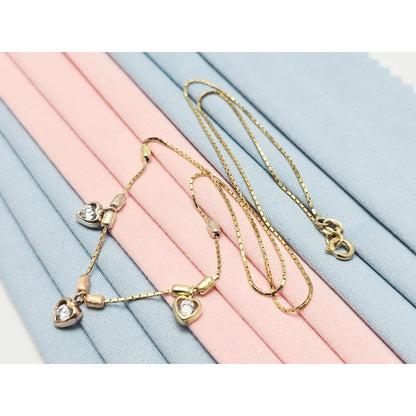 14K Tri Color Gold 3 Heart CZ Box Link Chain Necklace