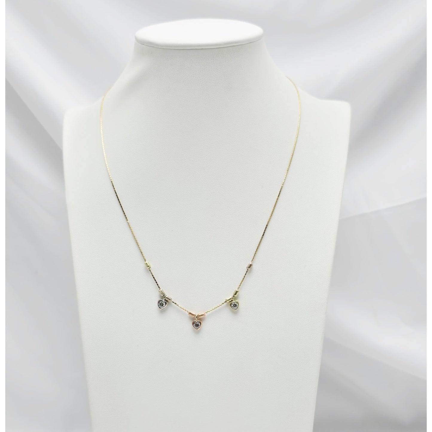 14K Tri Color Gold 3 Heart CZ Box Link Chain Necklace