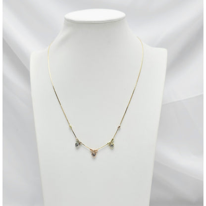 14K Tri Color Gold 3 Heart CZ Box Link Chain Necklace