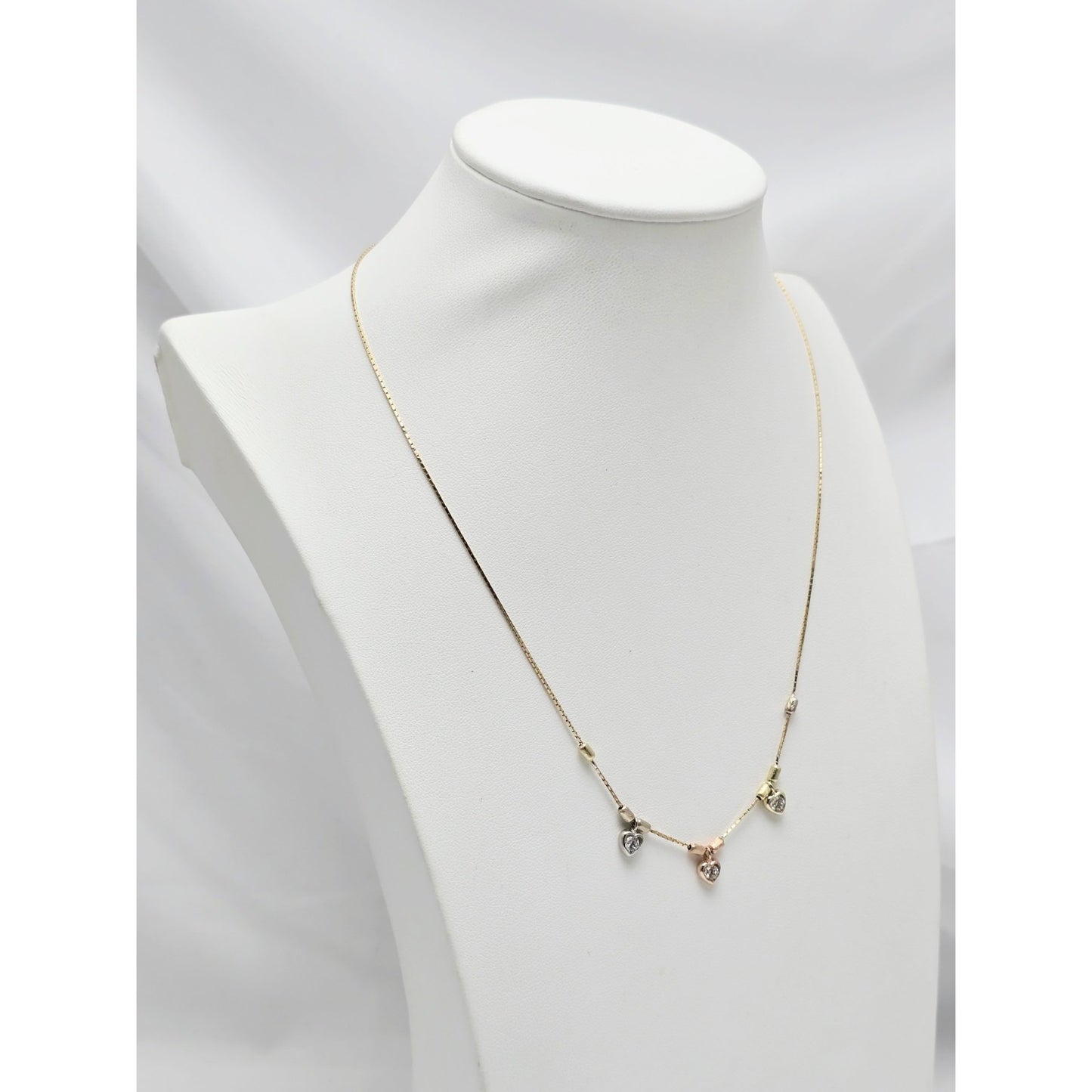 14K Tri Color Gold 3 Heart CZ Box Link Chain Necklace