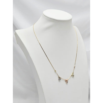 14K Tri Color Gold 3 Heart CZ Box Link Chain Necklace