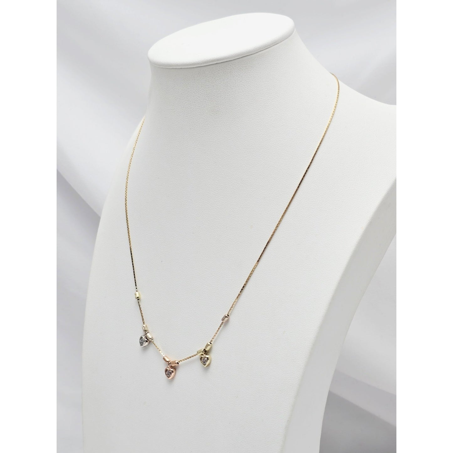 14K Tri Color Gold 3 Heart CZ Box Link Chain Necklace