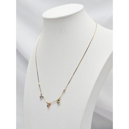 14K Tri Color Gold 3 Heart CZ Box Link Chain Necklace