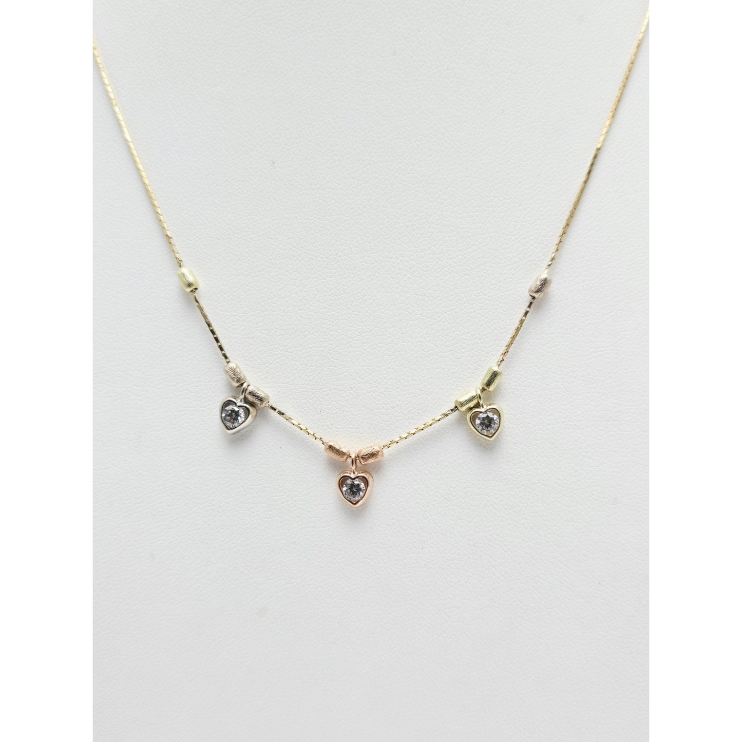 14K Tri Color Gold 3 Heart CZ Box Link Chain Necklace