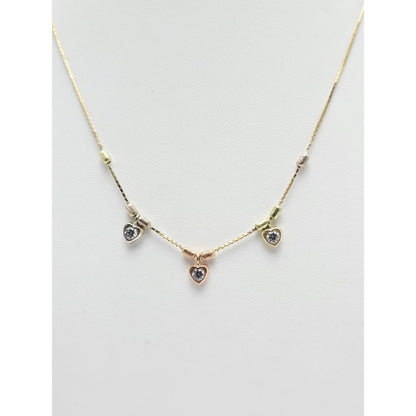 14K Tri Color Gold 3 Heart CZ Box Link Chain Necklace