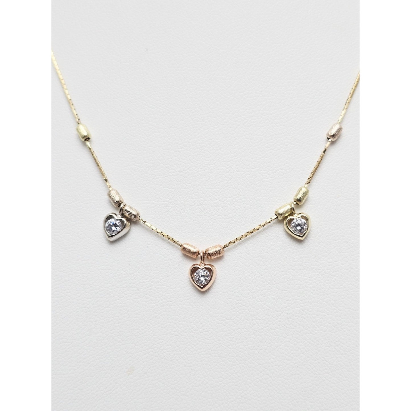 14K Tri Color Gold 3 Heart CZ Box Link Chain Necklace