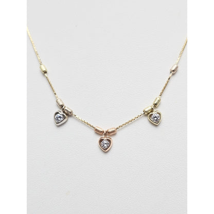 14K Tri Color Gold 3 Heart CZ Box Link Chain Necklace