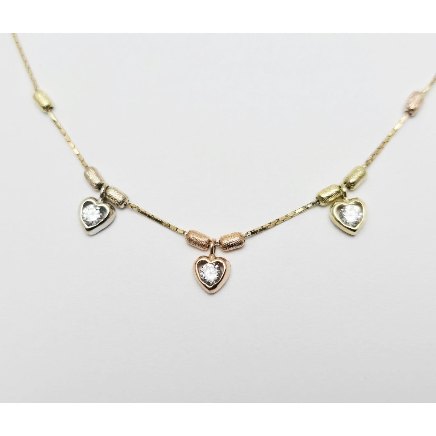 14K Tri Color Gold 3 Heart CZ Box Link Chain Necklace