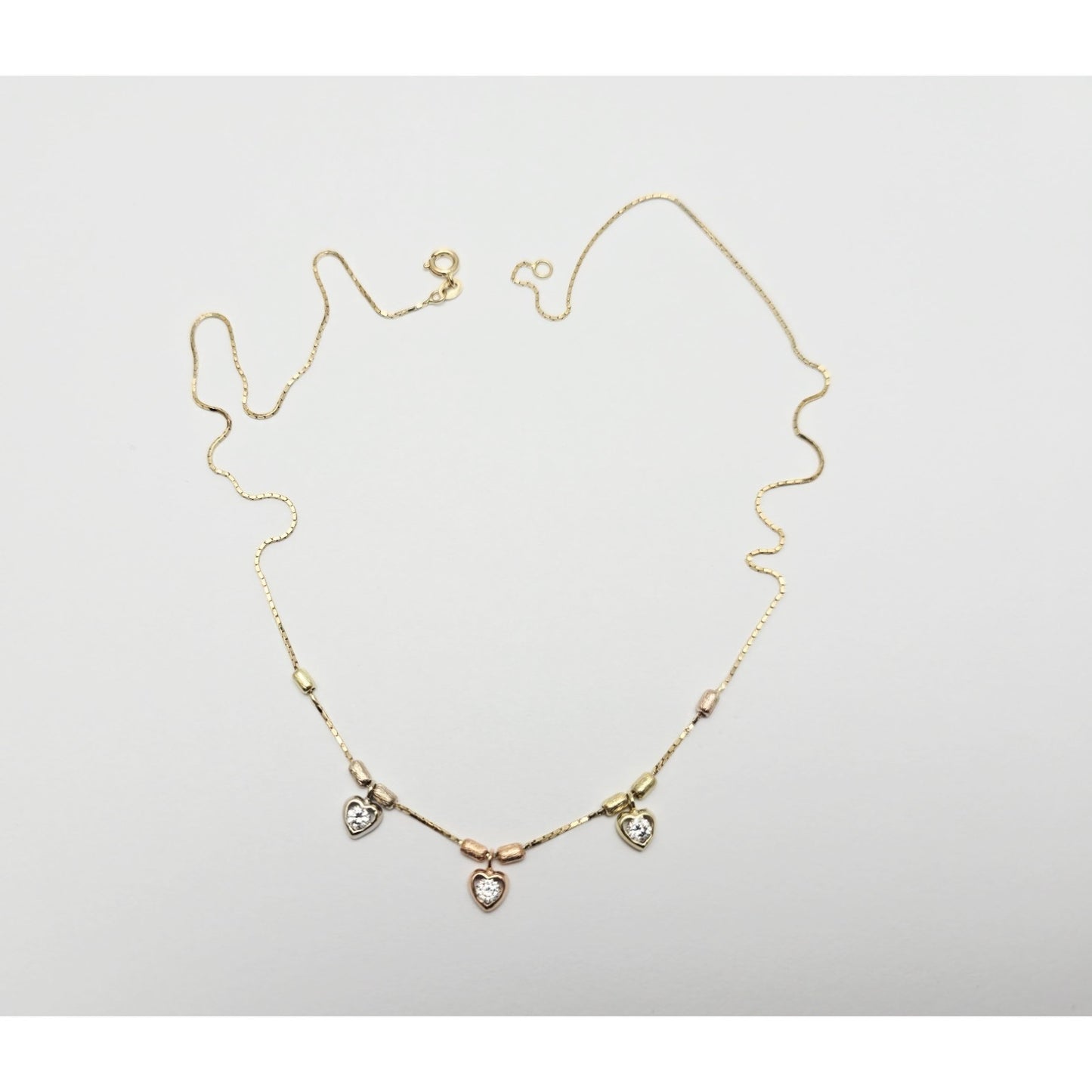 14K Tri Color Gold 3 Heart CZ Box Link Chain Necklace