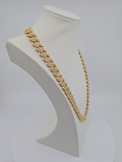 Large 14K Yellow Gold Cuban Link CZ Chain Necklace