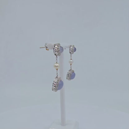 18K White Gold Drop Dangle Blue Chalcedony, Diamond & Pearl Stud Earrings