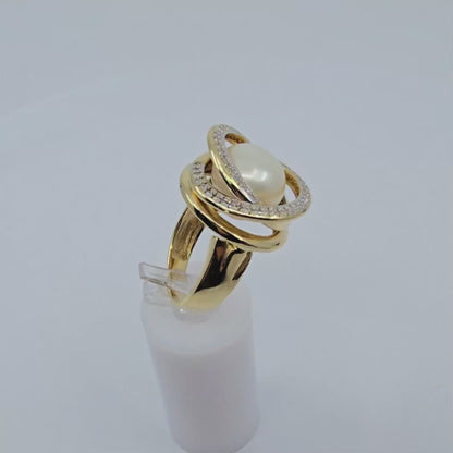 14K Yellow Gold Pearl & Diamond Knot Swirl Ring