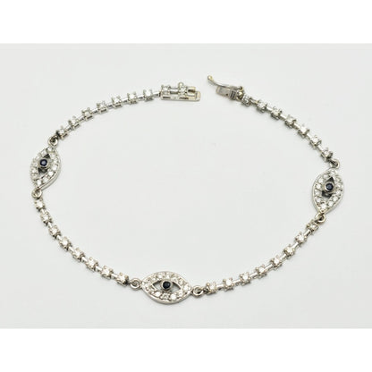 18K & 14K White Gold Evil Eye Diamond & Sapphire Tennis Link Bracelet